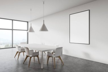Minimalist yemek odasının köşesinde beyaz duvarlar, beton zemin, sandalyeli beyaz masa ve dikey model poster. Bulanık dağ manzaralı bir pencere. 3d oluşturma