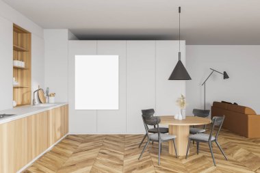 Modern mutfak ve oturma odasının içinde beyaz duvarlar, ahşap zemin, ahşap tezgah ve dolap, yuvarlak yemek masası ve kahverengi kanepe. Dikey maket posteri. 3d oluşturma