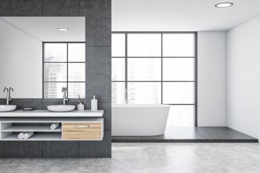 Modern banyo, beyaz ve gri fayanslı duvarlar, beton zemin, kare aynalı çift lavabo ve bulanık şehir manzaralı pencerenin yanında duran küvet. 3d oluşturma
