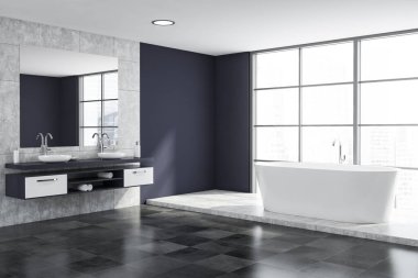 Modaya uygun panoramik banyonun köşesi, mavi ve beyaz fayanslı duvarlar, kareli zemin, rahat küvet ve bulanık şehir manzaralı pencere. Yuvarlak lavabo sola. 3d oluşturma