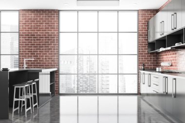 Duvarları, beton zemini, gri dolapları ve tezgahları, taburesi ve bulanık manzaralı penceresi olan şık bir mutfağın yan görüntüsü. 3d oluşturma