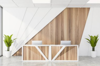 Beyaz ve ahşap duvarları, beton zemini ve rahat kabul masası olan şık bir şirket bekleme odası. 3d oluşturma