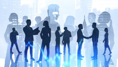 İş toplantısı konsepti. Muhtelif iş adamlarının siluetleri soyut şehirde birlikte çalışıyorlar ve bulanık dijital grafiğe çifte maruz kalıyorlar. Tonu ayarlanmış resim