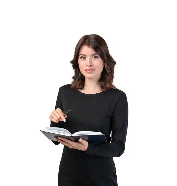 Retrato Aislado Una Hermosa Joven Empresaria Europea Cabello Oscuro Con —  Fotos de Stock