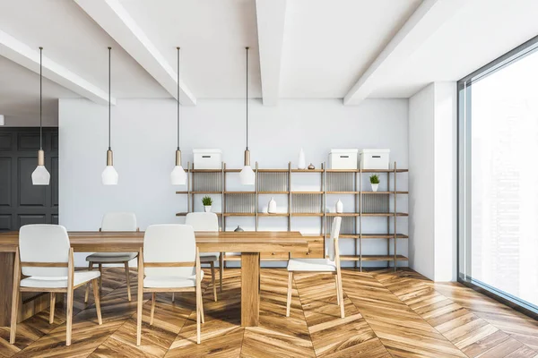 Vorderansicht Des Stilvollen Wohnzimmers Mit Weißen Und Grauen Wänden Holzboden — Stockfoto