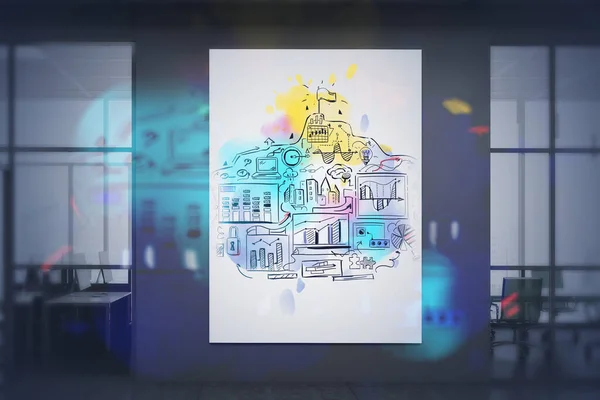 Creative business goal sketch drawn on poster in night office with double exposure of blurry business interface. Concept of success and career. 3d rendering toned image