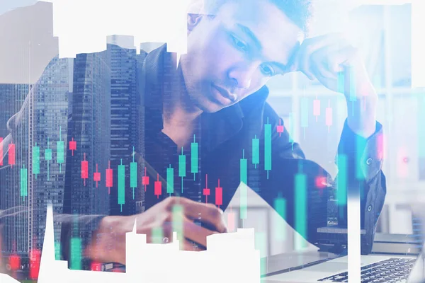 Serious Young African American Trader Working His Office Double Exposure — Stock Photo, Image