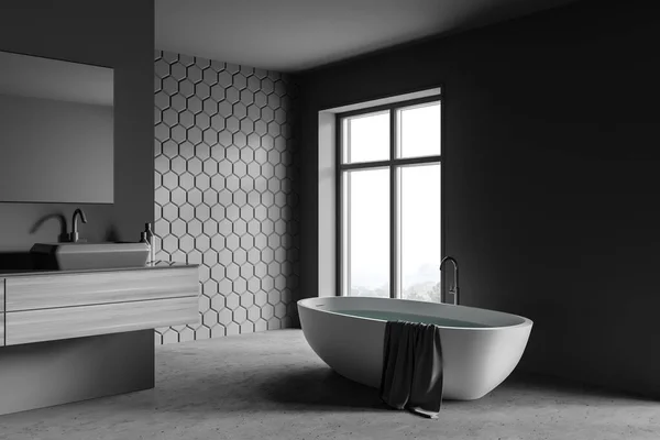 Corner Stylish Bathroom Gray Honeycomb Tile Walls Concrete Floor Comfortable — Stock Photo, Image