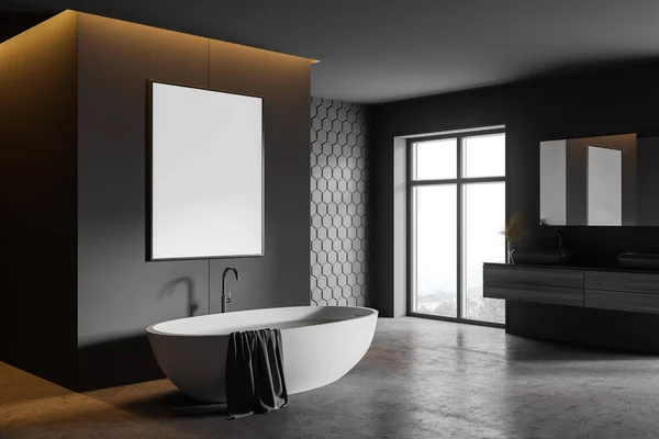 Corner Stylish Bathroom Gray Honeycomb Tile Walls Concrete Floor Comfortable — Stock Photo, Image