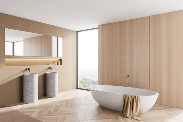 Corner Modern Bathroom Beige Wooden Walls Wooden Floor Comfortable Bathtub — Stock Photo, Image