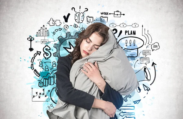 Retrato Dormir Jovem Empresária Abraçando Seu Travesseiro Perto Parede Concreto — Fotografia de Stock