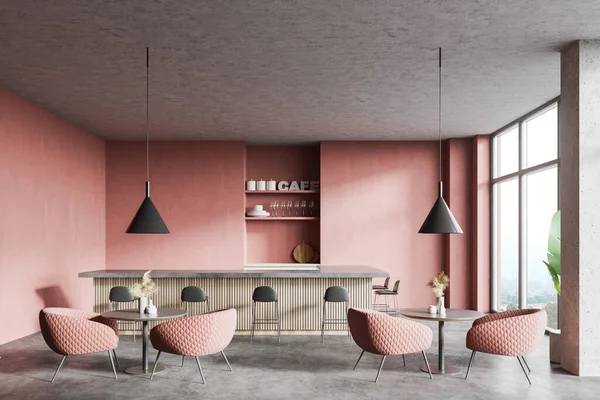 Interior of modern restaurant with pink walls, concrete floor, bar counter with stools, round tables with armchairs and chairs and blurry mountain view. 3d rendering