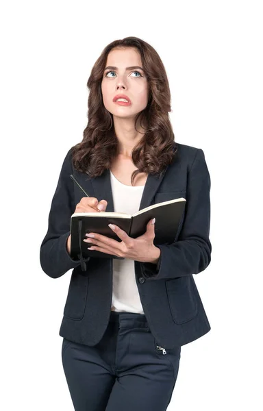 Isolated Portrait Troubled Young European Businesswoman College Student Suit Writing — Stock Photo, Image