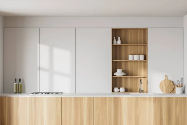 白い壁とモダンなキッチンのインテリア 調理器とシンクと食器棚に組み込まれている木製のカウンター 3Dレンダリング — ストック写真