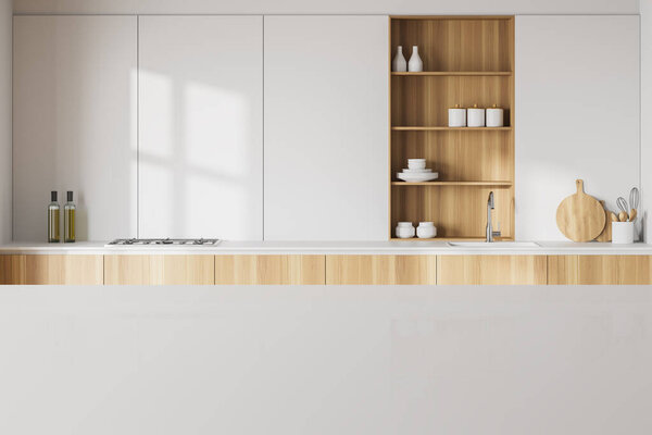 White table for your product in modern kitchen with white walls, wooden countertops with built in cooker and sink and cupboard. Concept of advertising. 3d rendering mock up