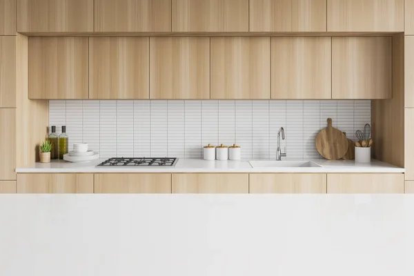 Mesa Blanca Para Producto Cocina Moderna Minimalista Con Paredes Azulejos — Foto de Stock