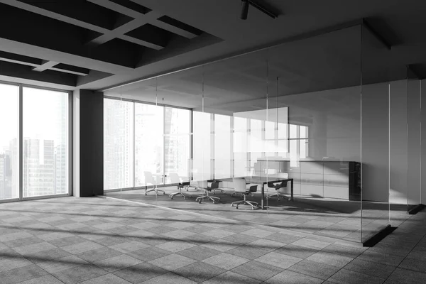 Corner of panoramic industrial style meeting room with gray walls, carpeted floor, long conference table with gray chairs and window with blurry cityscape. 3d rendering