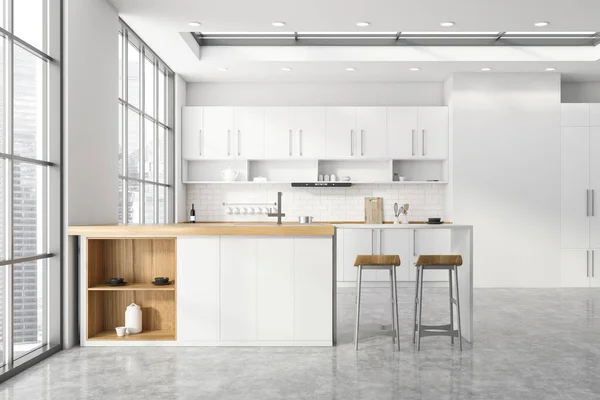 Interieur Einer Modernen Küche Mit Weißen Und Gemauerten Wänden Betonboden — Stockfoto