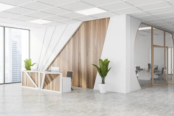 公司全景办公室角落 有白色和木制墙壁 混凝土地面 时尚的接待台和开放的背景空间 黑色城市景观 3D渲染 — 图库照片