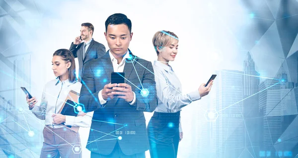 Team Diverse Business People Using Smartphones Blurry Abstract City Double — Stock Photo, Image