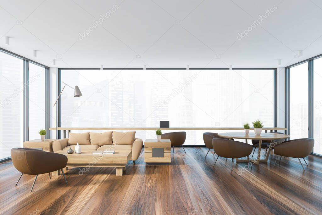 Interior of panoramic living room with beige sofa, coffee table, round dining table with brown armchairs and home office area near window with blurry cityscape. 3d rendering