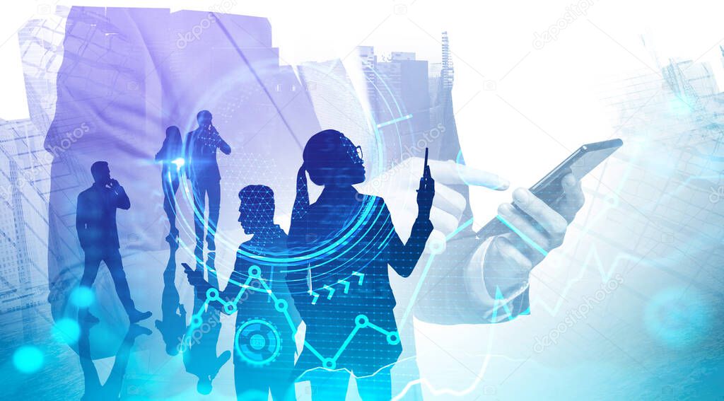 Businessman using smartphone in abstract city with double exposure of HUD financial interface and business team. Concept of trading and technology. Toned image