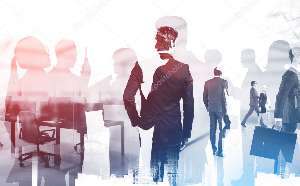 Diverse business people working in corporate office with double exposure of blurry abstract cityscape. Concept of teamwork and partnership. Toned image