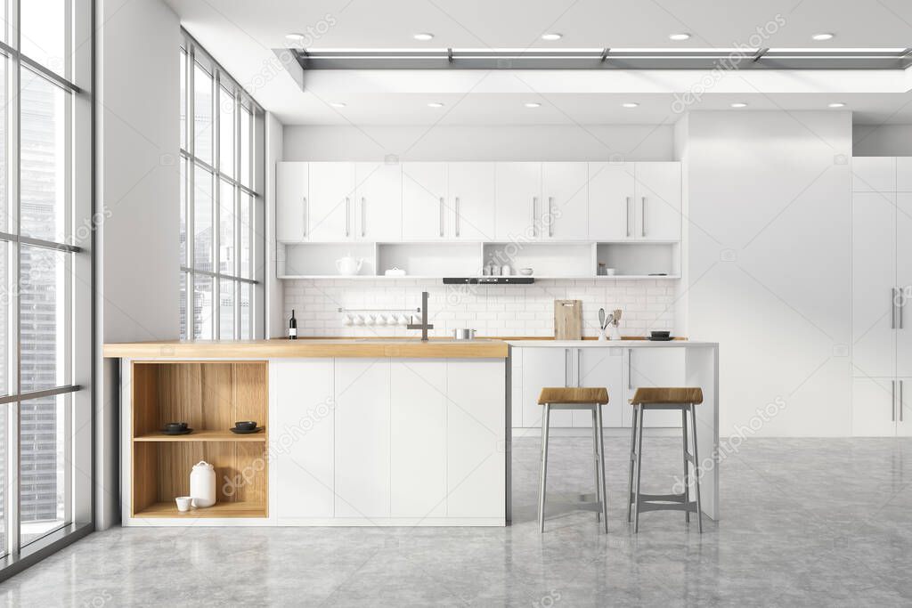 Interior of modern kitchen with white and brick walls, concrete floor, white cupboards and countertops, bar with stools and window with blurry cityscape. 3d rendering