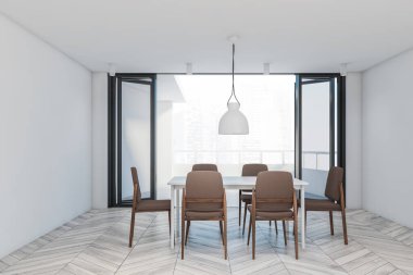Beyaz duvarları, ahşap zemini, kahverengi sandalyeli yemek masası ve bulanık manzaralı balkonlu modern yemek odasının içi. 3d oluşturma
