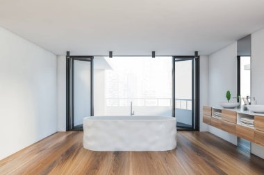 Beyaz duvarları, ahşap zemini, bulanık şehir manzaralı balkonun yanında duran beyaz küveti ve ahşap tezgahta çift lavabo olan modern ana banyonun içi. 3d oluşturma