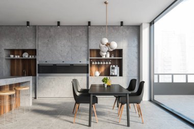 Taş ve ahşap duvarlı modern mutfağın ön manzarası, fayanslı zemin, rahat tezgahlar, tabureli bar, sandalyeli gri yemek masası ve bulanık şehir manzaralı balkon. 3d oluşturma