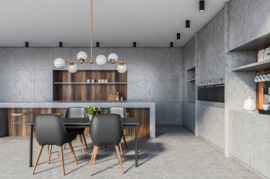 İçinde taş ve ahşap duvarlar, fayanslı zemin, rahat tezgahlar, tabureli bar ve sandalyeli gri yemek masası olan modern mutfağın içi. 3d oluşturma