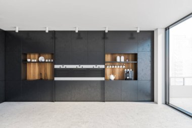 Siyah ve ahşap duvarları, döşemeleri döşemeleri, lavabo ve fırınlarla döşenmiş rahat tezgahları olan şık minimalist mutfağın içi. Bulanık şehir manzaralı balkon. 3d oluşturma