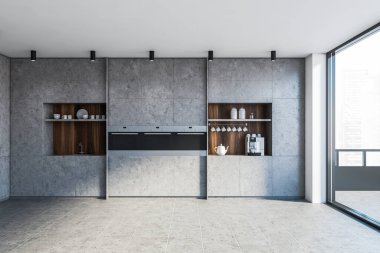 İçinde taş ve ahşap duvarlar, döşeme döşemeleri, lavabo ve fırınlarda yapılmış rahat tezgahları olan ferah minimalist bir mutfak. Bulanık şehir manzaralı balkon. 3d oluşturma