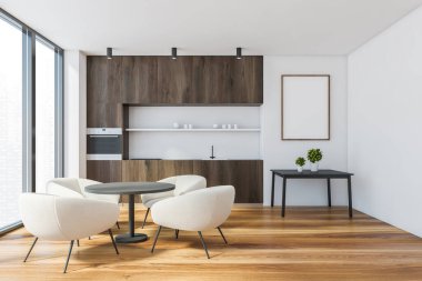 Beyaz duvarları, ahşap zemini, koyu ahşap tezgahı, beyaz koltuklu yuvarlak yemek masası, kahve masası ve bulanık manzaralı penceresi olan modern mutfağın içi. Posteri düzenle. 3d oluşturma