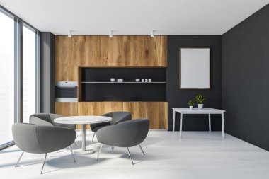 Siyah duvarları olan şık bir mutfak, ahşap zemin, koyu ahşap tezgah, gri koltuklu yuvarlak yemek masası, kahve masası ve bulanık şehir manzaralı bir pencere. Posteri düzenle. 3d oluşturma