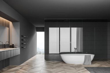 Gri ve fayanslı duvarları, ahşap zemini, rahat küveti, duş kabini, ahşap lavabosu ve bulanık dağ manzaralı penceresi olan şık bir banyo. 3d oluşturma