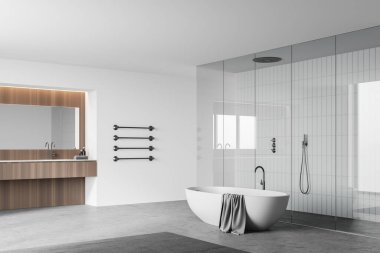 Modern banyo köşesi beyaz ve fayanslı duvarlar, beton zemin, rahat küvet, duş kabini ve ahşap lavabo. 3d oluşturma
