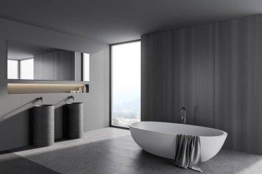Gri ve ahşap duvarlı şık banyonun köşesi, beton zemin, rahat küvet, çift lavabo ve bulanık dağ manzaralı pencere. 3d oluşturma