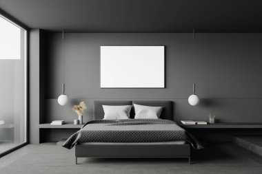 Şık bir yatak odasında, gri duvarları, beton zemini, iki komodini ve büyük penceresi olan rahat bir kral yatağı. Yatay maket posteri. 3d oluşturma
