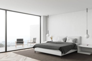 Modern yatak odasının köşesinde beyaz duvarlar, ahşap zemin, rahat kral yatağı iki komodinli ve bulanık dağ manzaralı balkon. 3d oluşturma