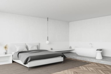 Modern yatak odasının köşesinde beyaz duvarlar, ahşap zemin, rahat kral yatağı iki komodinli ve rahat banyo küveti. 3d oluşturma