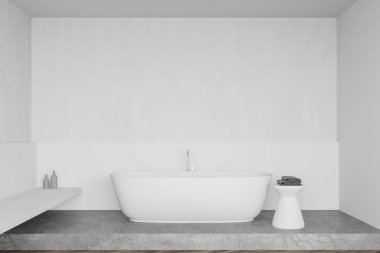 Geniş modern banyo, beyaz duvarlar, taş ve ahşap zemin, rahat küvet ve güzellik ürünleriyle dolu raf. 3d oluşturma