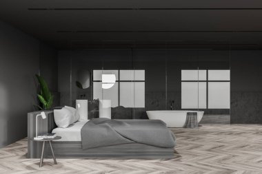 Gri ve taş duvarları olan şık bir otel odası, ahşap zemin, rahat bir yatak ve banyo, yanında da çift lavabo. 3d oluşturma