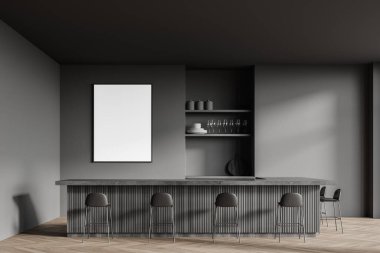 Koyu gri duvarlı, ahşap zeminli, tabureli ve dikey poster çerçeveli minimalist çatı katı tarzı barın içi. 3d oluşturma