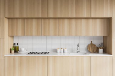 Konforlu ahşap dolaplar ve mutfak tezgahları, ocağın içine inşa edilmiş ve modern mutfakta beyaz kiremitli duvarları olan lavabo. 3d oluşturma