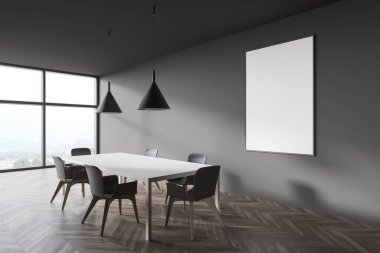 Gri duvarları, ahşap zemini, sandalyeli beyaz masası ve dikey maket posteri olan minimalist şık yemek odasının köşesi. Bulanık dağ manzaralı bir pencere. 3d oluşturma