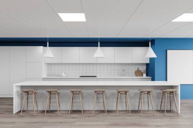 Parlak mavi ve beyaz duvarları olan şık bir kafe, ahşap zemin, tabureli uzun beyaz bar tezgahı ve dikey maket posteri. 3d oluşturma