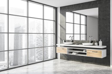 Modern panoramik banyonun köşesinde beyaz ve gri fayanslı duvarlar, beton zemin kare aynalı ahşap tezgah ve bulanık şehir manzaralı pencereli çift lavabo. 3d oluşturma