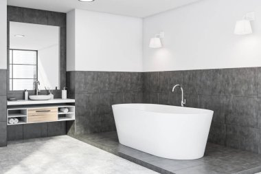 Modern banyonun köşesinde beyaz ve gri fayanslı duvarlar, rahat banyo küveti, ahşap tezgahta duran yuvarlak lavabo ve güzellik ürünleriyle dolu raflar. Bulanık şehir manzarası. 3d oluşturma